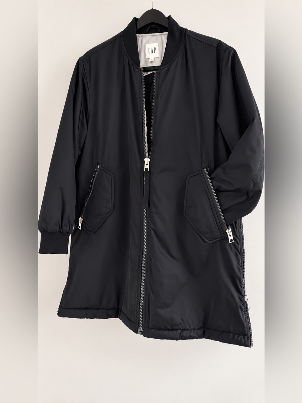 GAP Black Long Bomber Jacket with Silver Zippers | Size Large